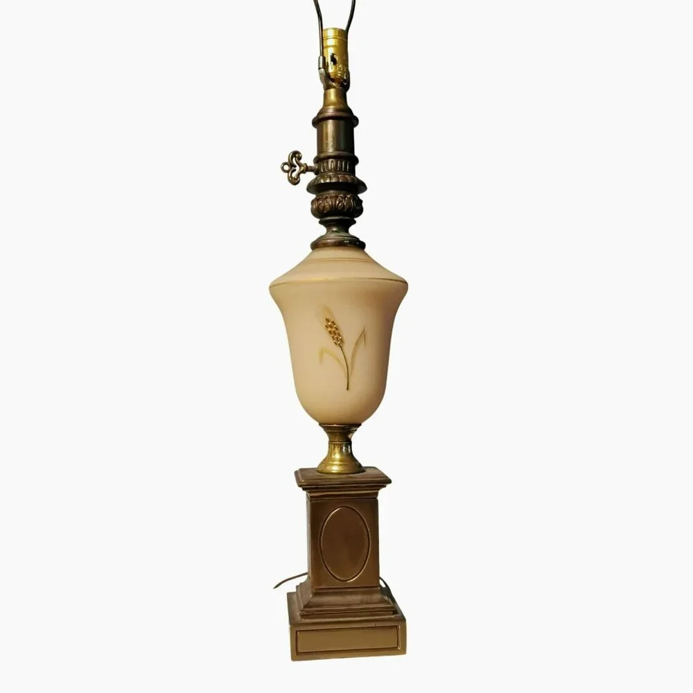 Antique Cream Satin Glass Table Lamp, Hand Painted Gold Wheat, Brass Base, 28